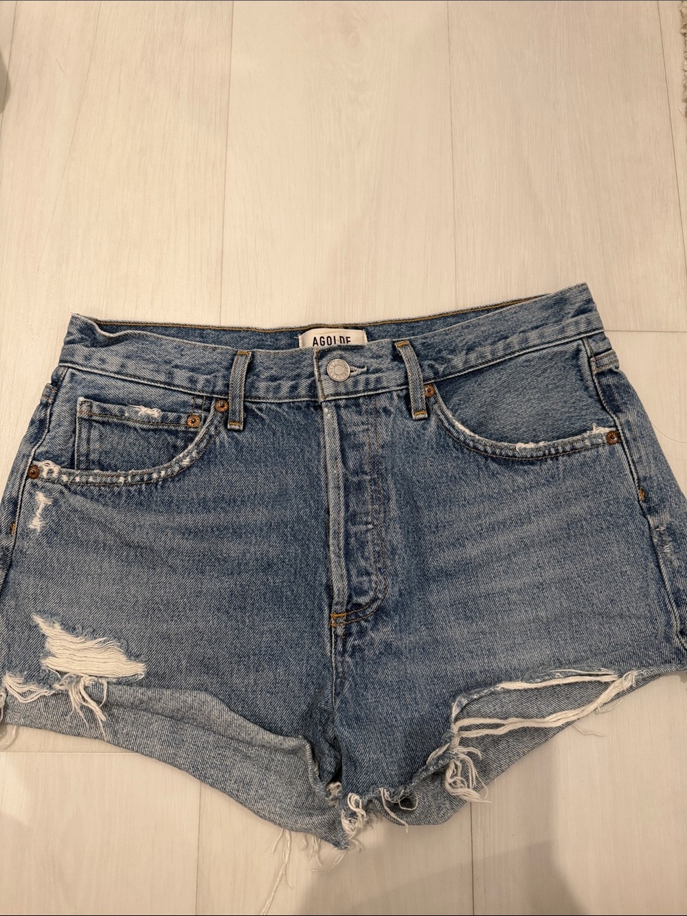 Agolde Blue Distressed High-Rise Jean Shorts